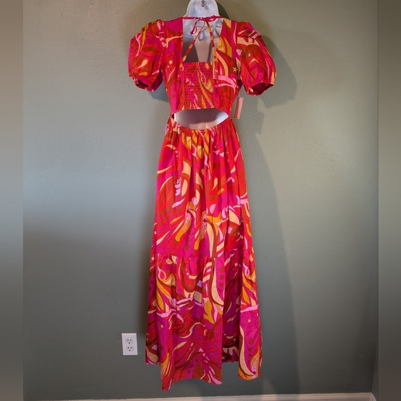 Pink Printed Puff Sleeve Maxi Dress V-neck Empire waist full Skirt NWT Size XS - Picture 5 of 7